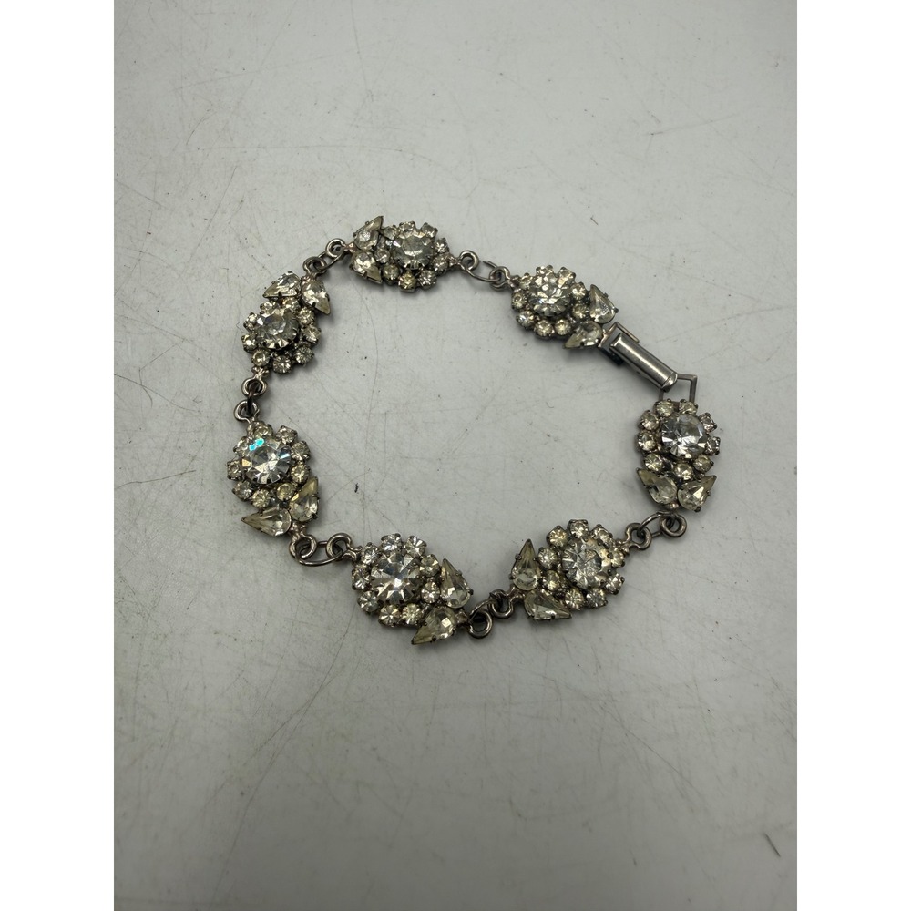 Vintage Silver Tone Clear Rhinestone Floral Cluster Link Bracelet 7.25 Inch